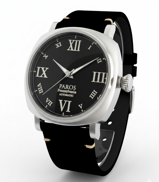 Black watch with silver case and black strap on a white background