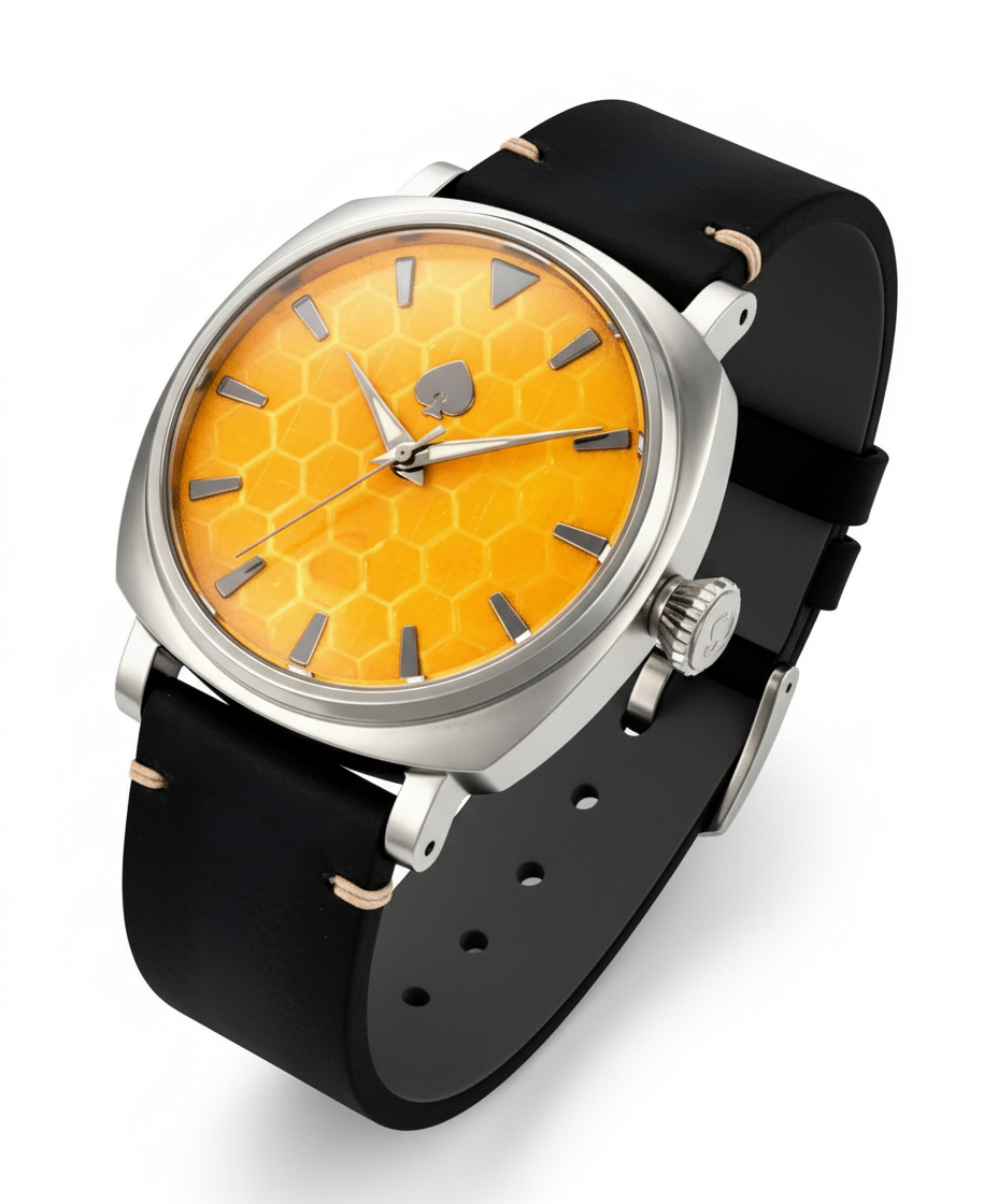 Watch with a yellow face, black strap, and silver case on a white background