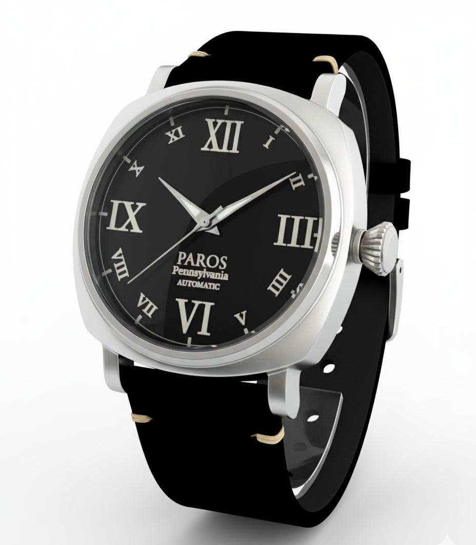 Black watch with silver case and black strap on a white background